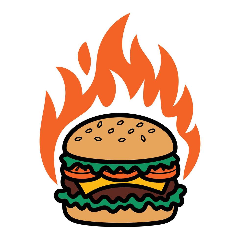 Flaming hamburger illustration vector