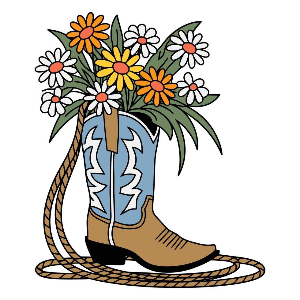 Decorative cowboy boot with wildflowers and lasso rope design vector