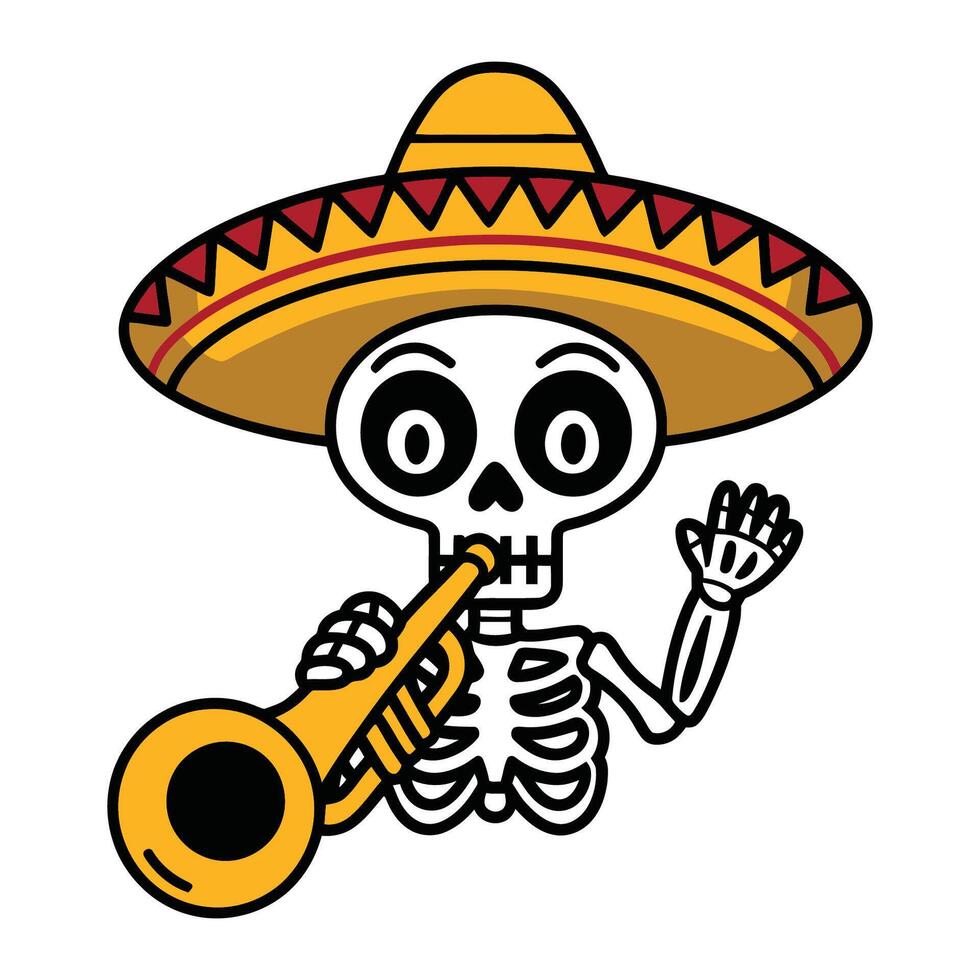 Skeleton playing trumpet with sombrero cartoon illustration vector