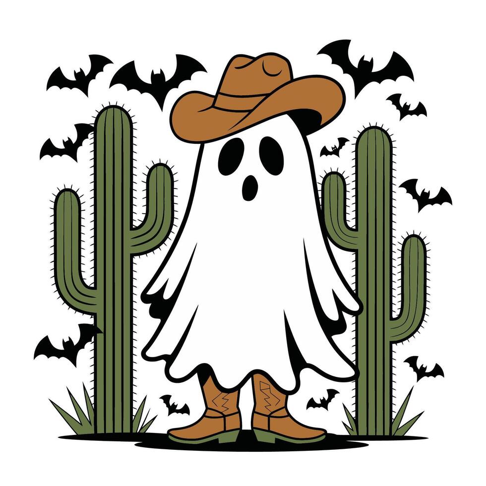 Cowboy ghost in desert with cactus and bats illustration vector