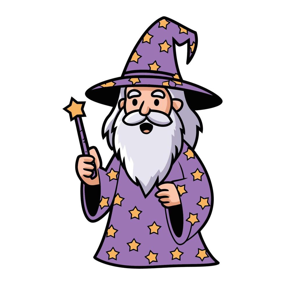 Cartoon Wizard in Starry Robe with Magic Wand vector