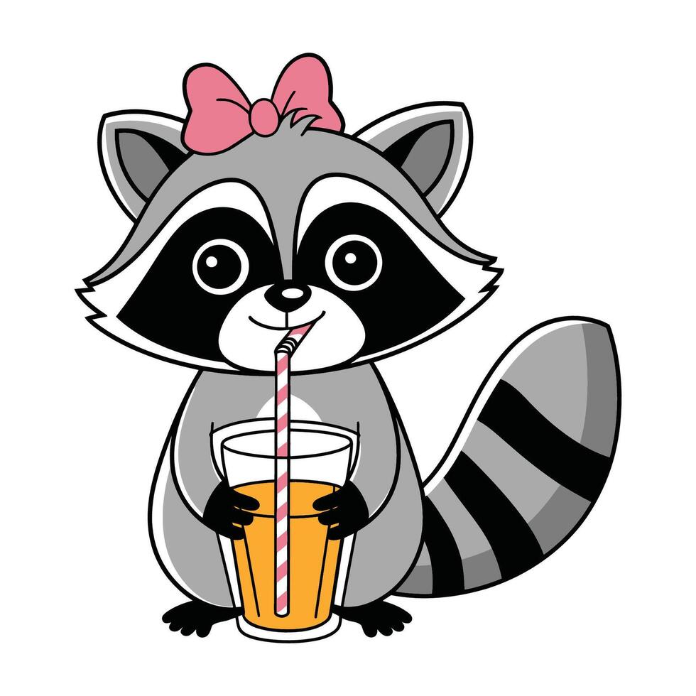 Cute raccoon with pink bow drinking juice through a straw illustration vector