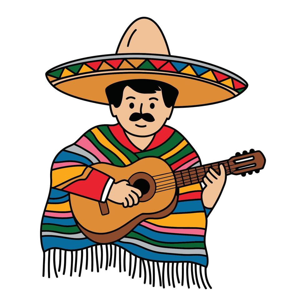 Mexican Musician in Sombrero Playing Guitar vector