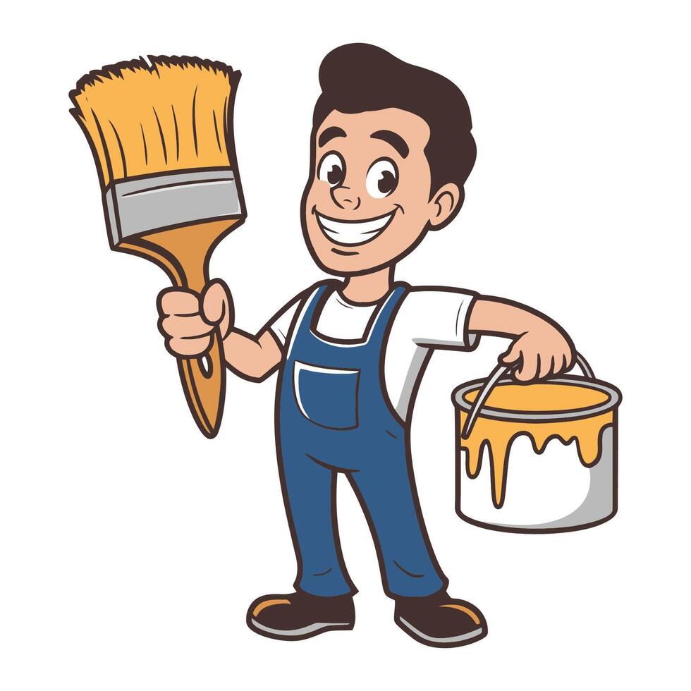 Cheerful painter holding paintbrush and paint bucket in cartoon style vector