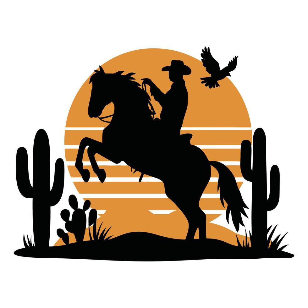 Silhouette of a Cowboy Riding a Horse at Sunset vector