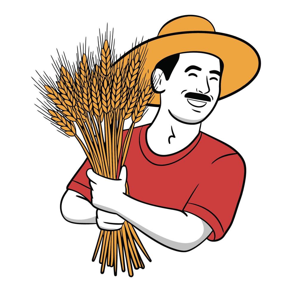 Farmer holding wheat bundle illustration vector