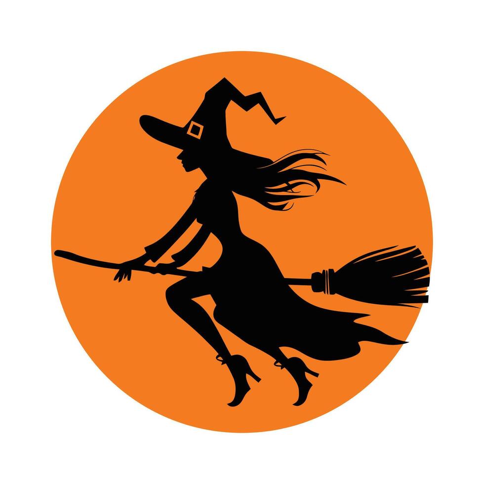 Silhouette of a Mystical Witch With Broom Flying Across the Moonlit Sky vector