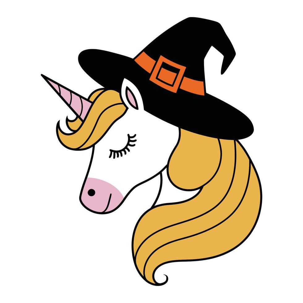 Unicorn wearing witch hat illustration vector