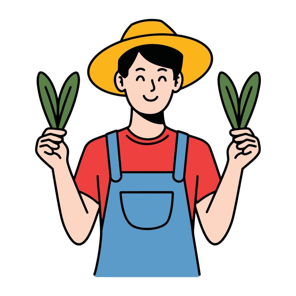 Happy farmer holding vegetables in both hands illustration vector