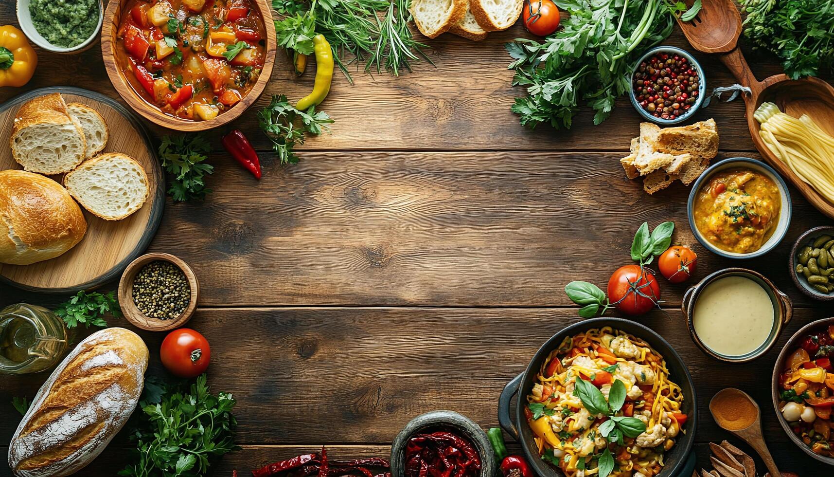 Top View of Vibrant Cultural Dishes on Rustic Wooden Table photo