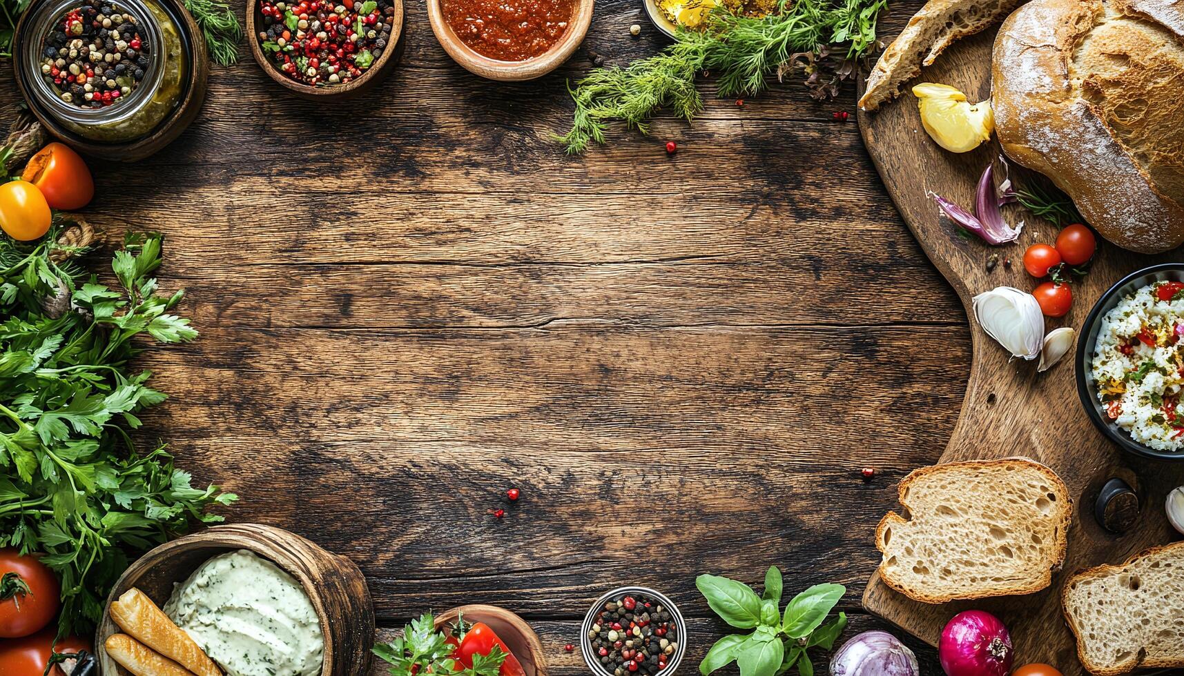 Top View of Vibrant Cultural Dishes on Rustic Wooden Table photo