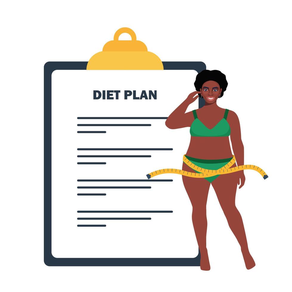 Plus size black woman in underwear standing in front of big diet plan checklist. illustration. vector