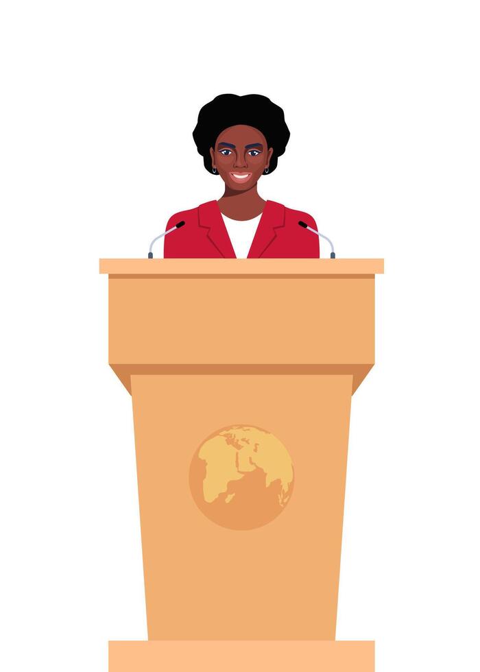 Black woman in a business suit stands on a rostrum in front of the microphones. Woman orator speaking from tribune. illustration. vector