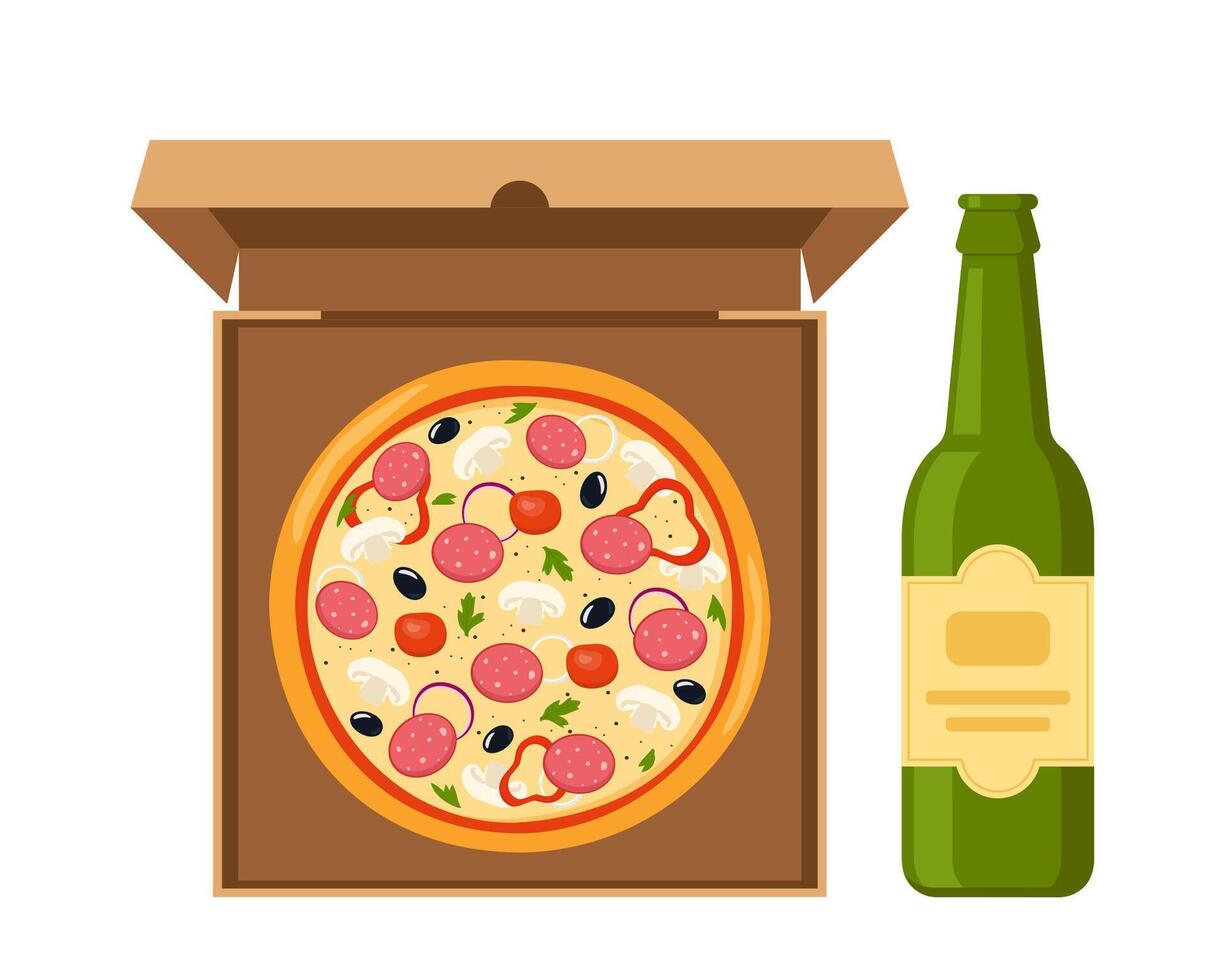 Fresh round pizza and bottle of beer. Pizza with tomato, cheese, olive, pepper, onion, basil in open cardboard box. illustration. vector