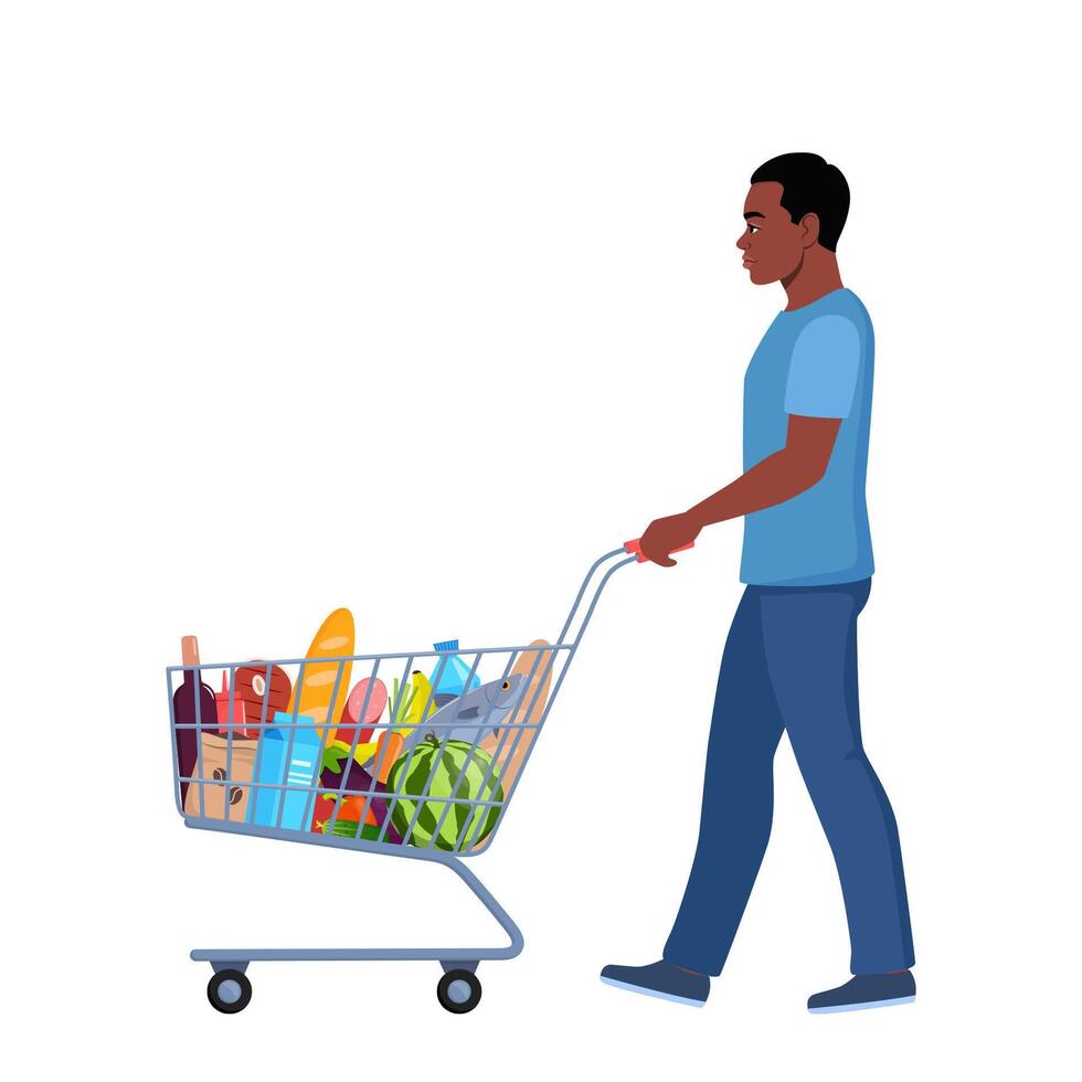 Black man with a shopping cart full of goods. Cheerful male buys food in grocery store. Supermarket trolley. illustration. vector