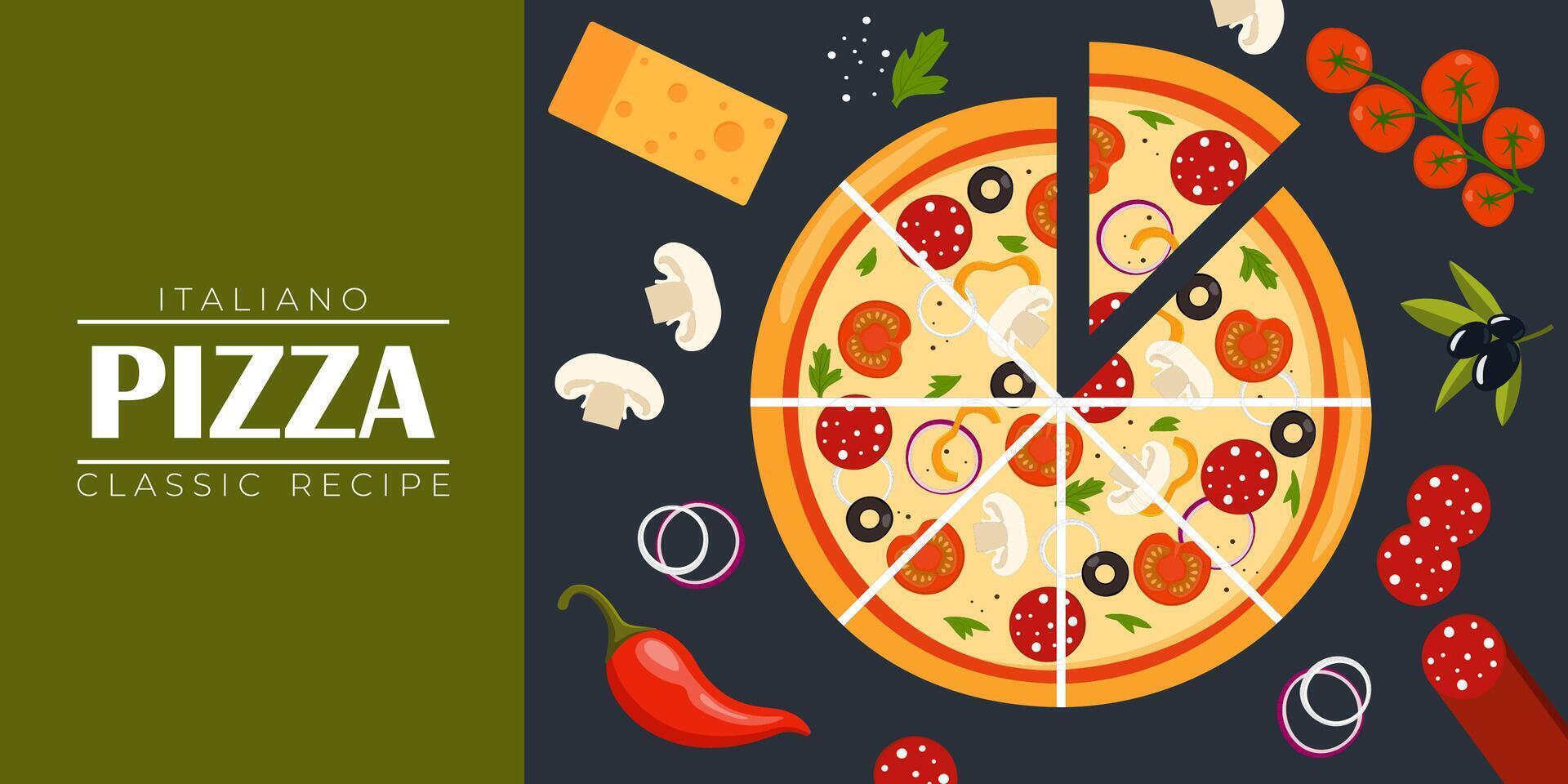 Pizza Flyer Design Template. Cooking, cafe and restaurant menu, food ordering, junk food. illustration for banner, poster, flyer, cover, menu, brochure. vector