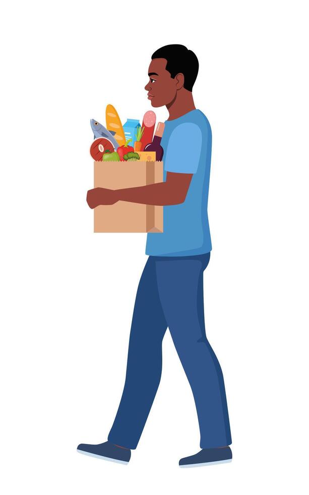Black man going with paper bag of groceries. Guy buying food, vegetables, bread. Grocery shopping. illustration. vector