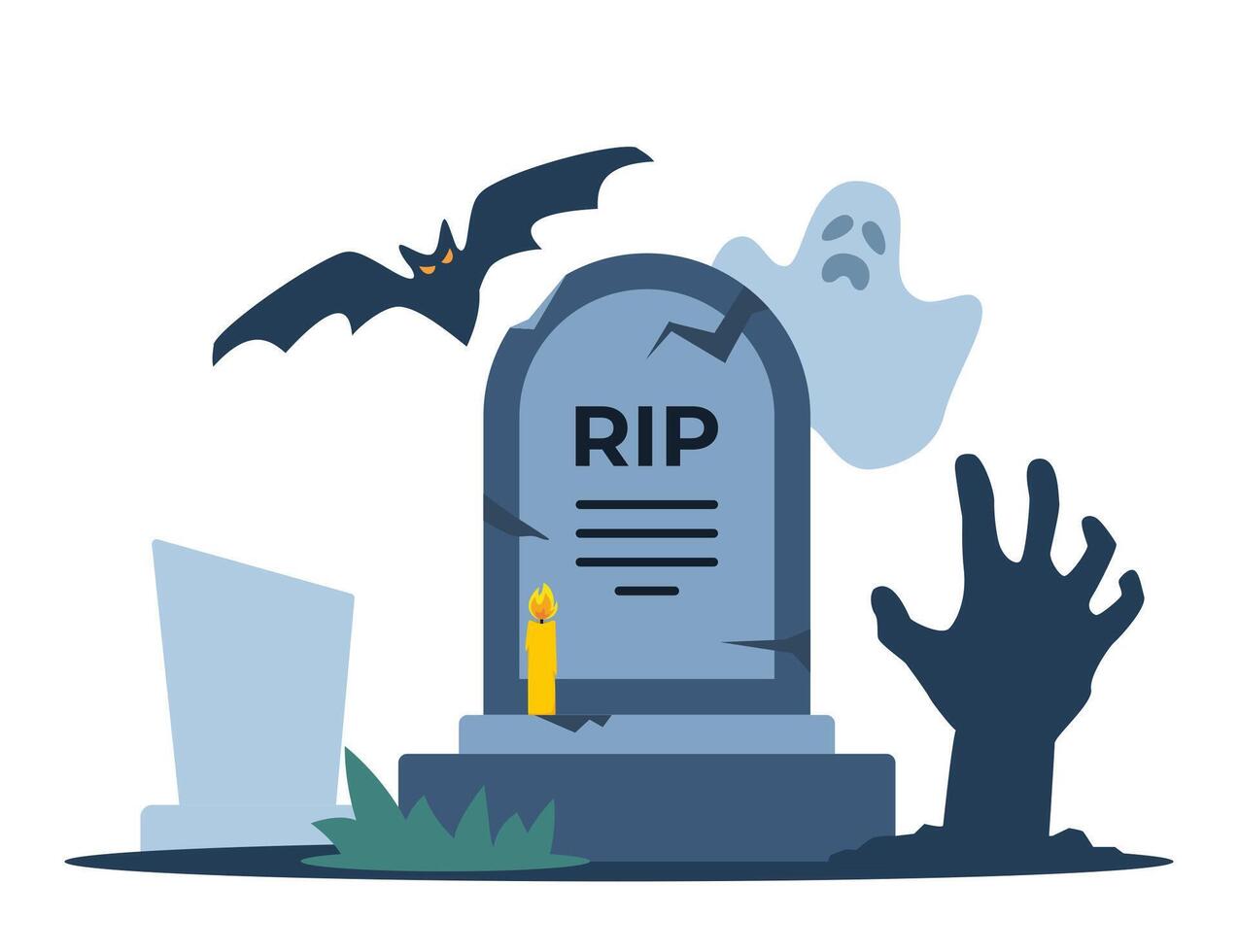 Halloween grave, bat, ghost, hand sticking out of grave. Old gravestone with cracks. tomb on white background. Granite plate with fissure. illustration. vector