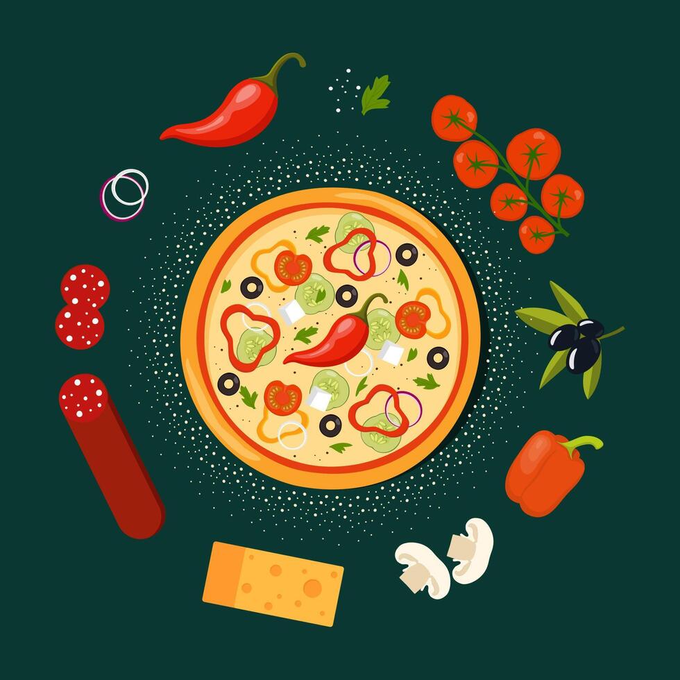 Fresh round pizza and ingredients around on dark background. Pizza with tomato, cheese, olive, sausage, onion, pepper. Traditional Italian fast food. Top view meal. illustration. vector
