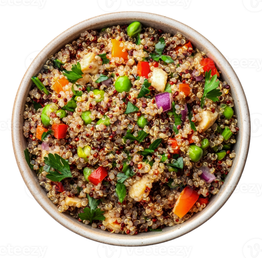 A bowl of quinoa salad with vegetables and herbs png