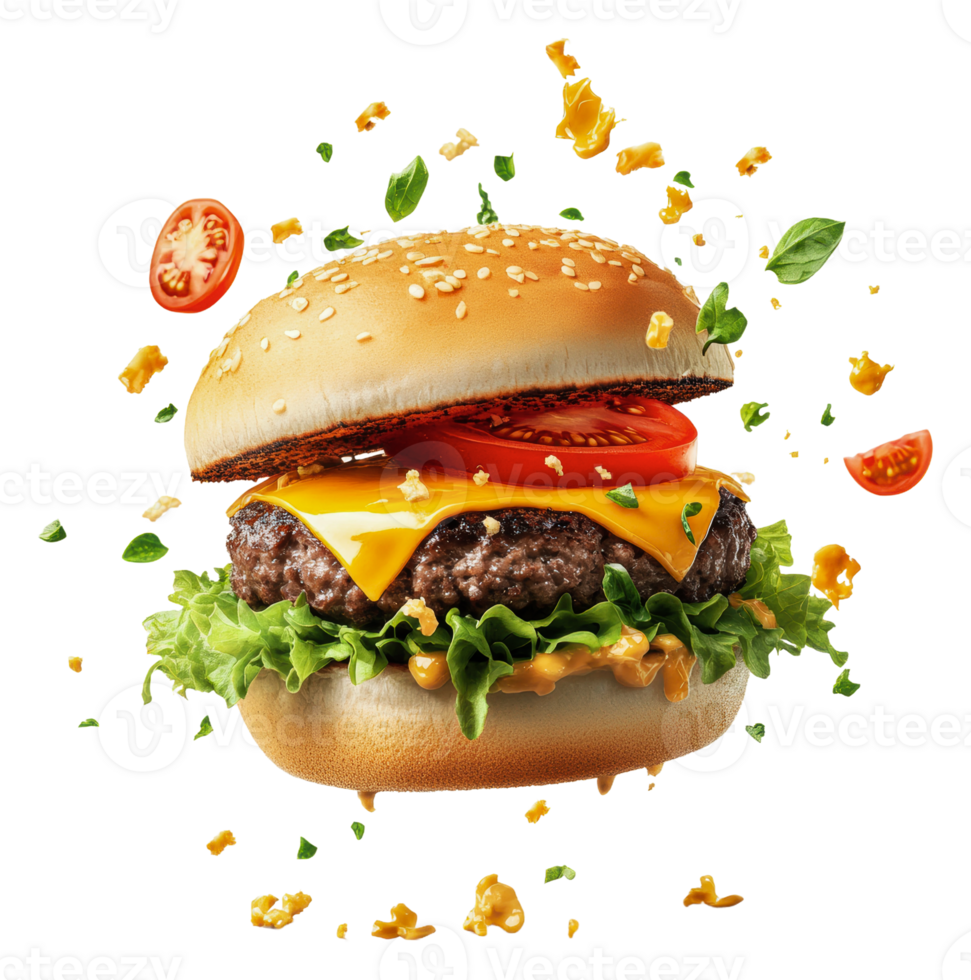 Cheeseburger with cheese, lettuce, tomato and cheese flying in the air png
