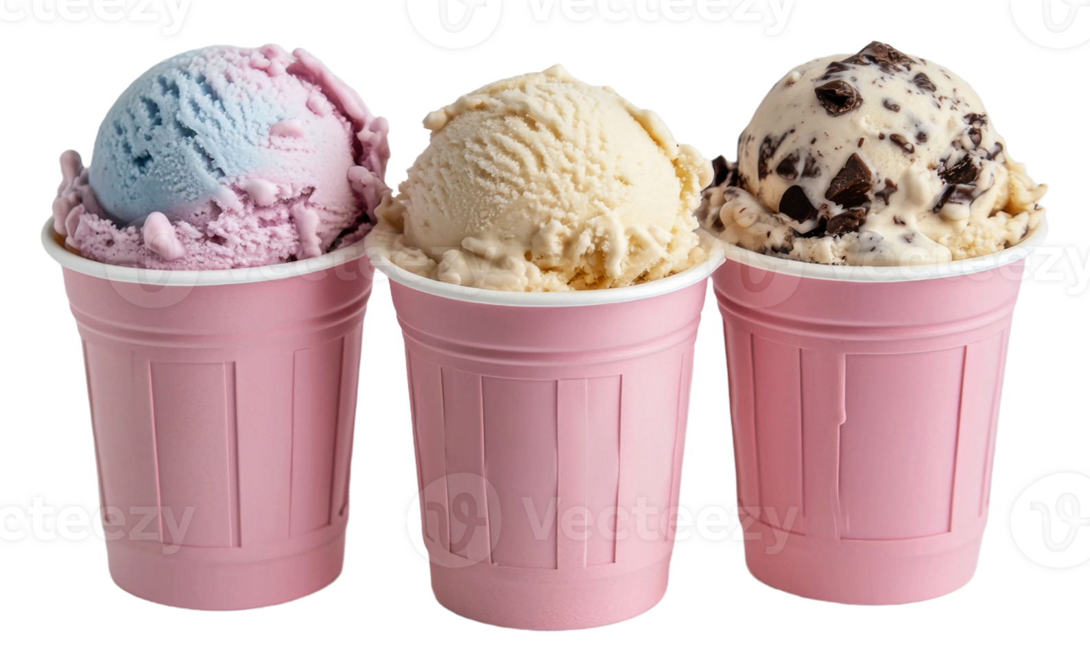 Three ice cream cups with different flavors in them png