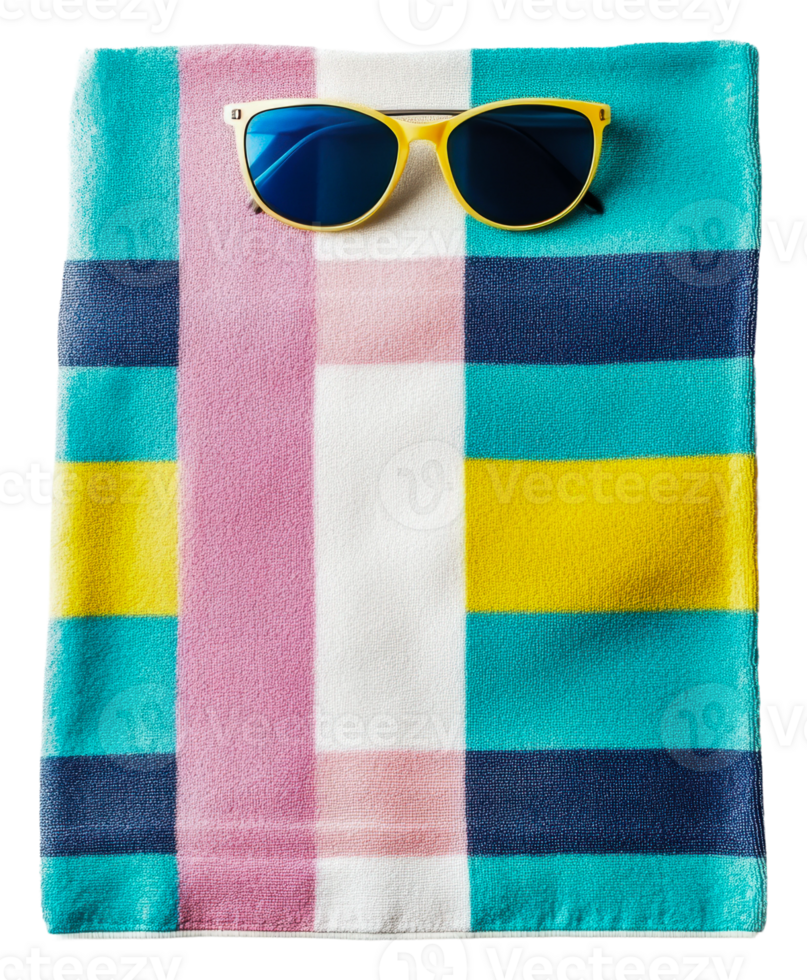 A colorful towel with sunglasses and a pair of sunglasses png