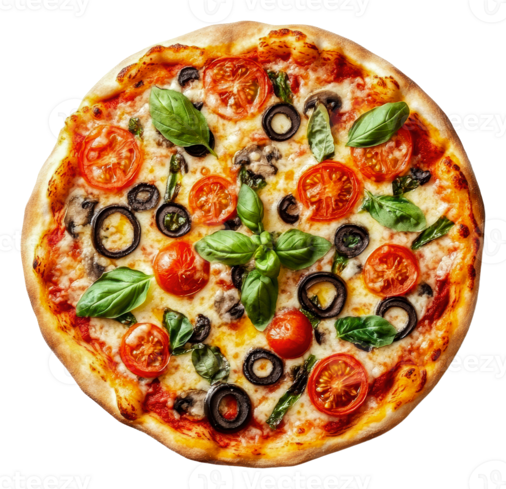 A pizza with olives, tomatoes and basil png