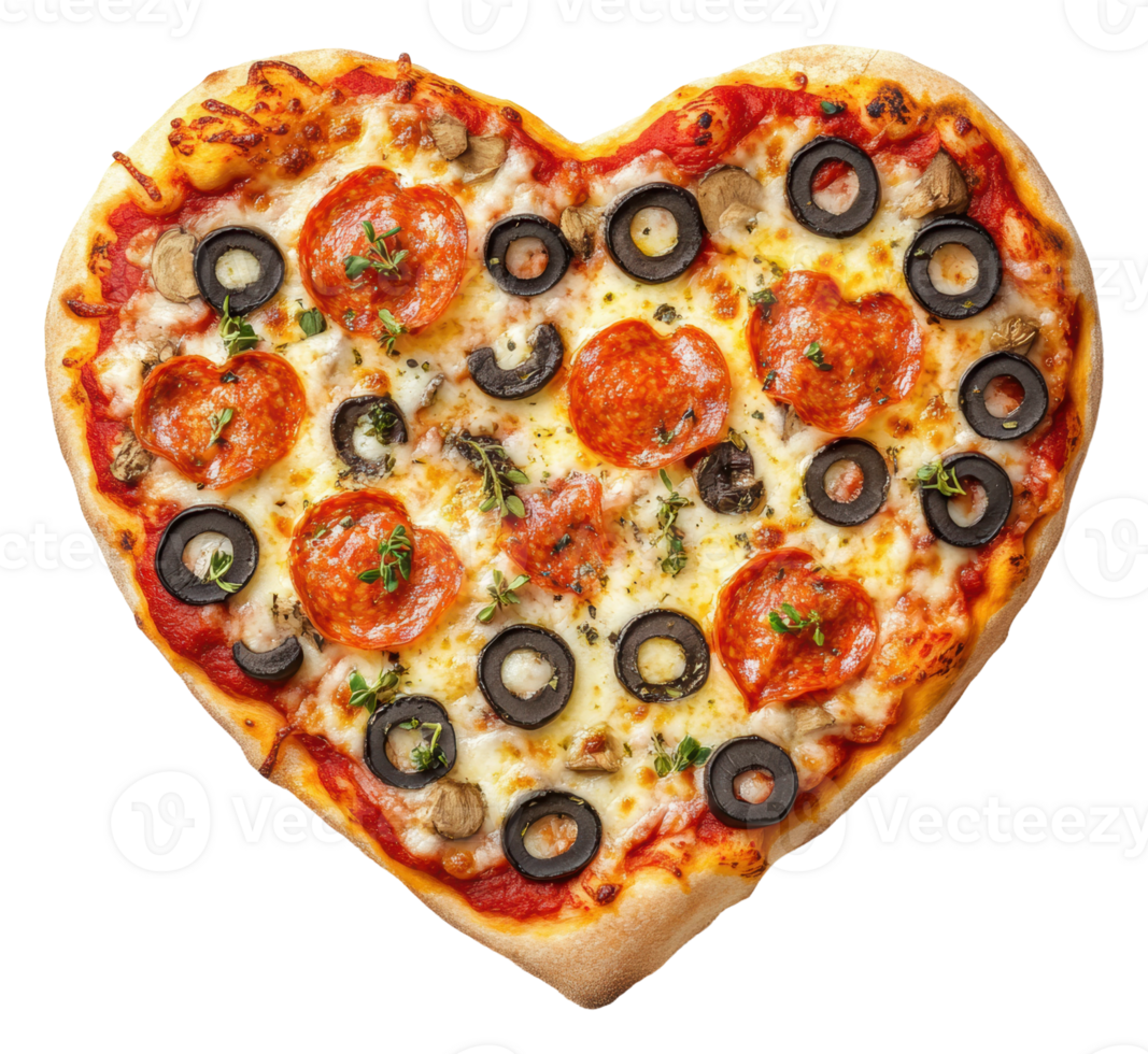 A heart shaped pizza with olives, pepperoni and cheese png