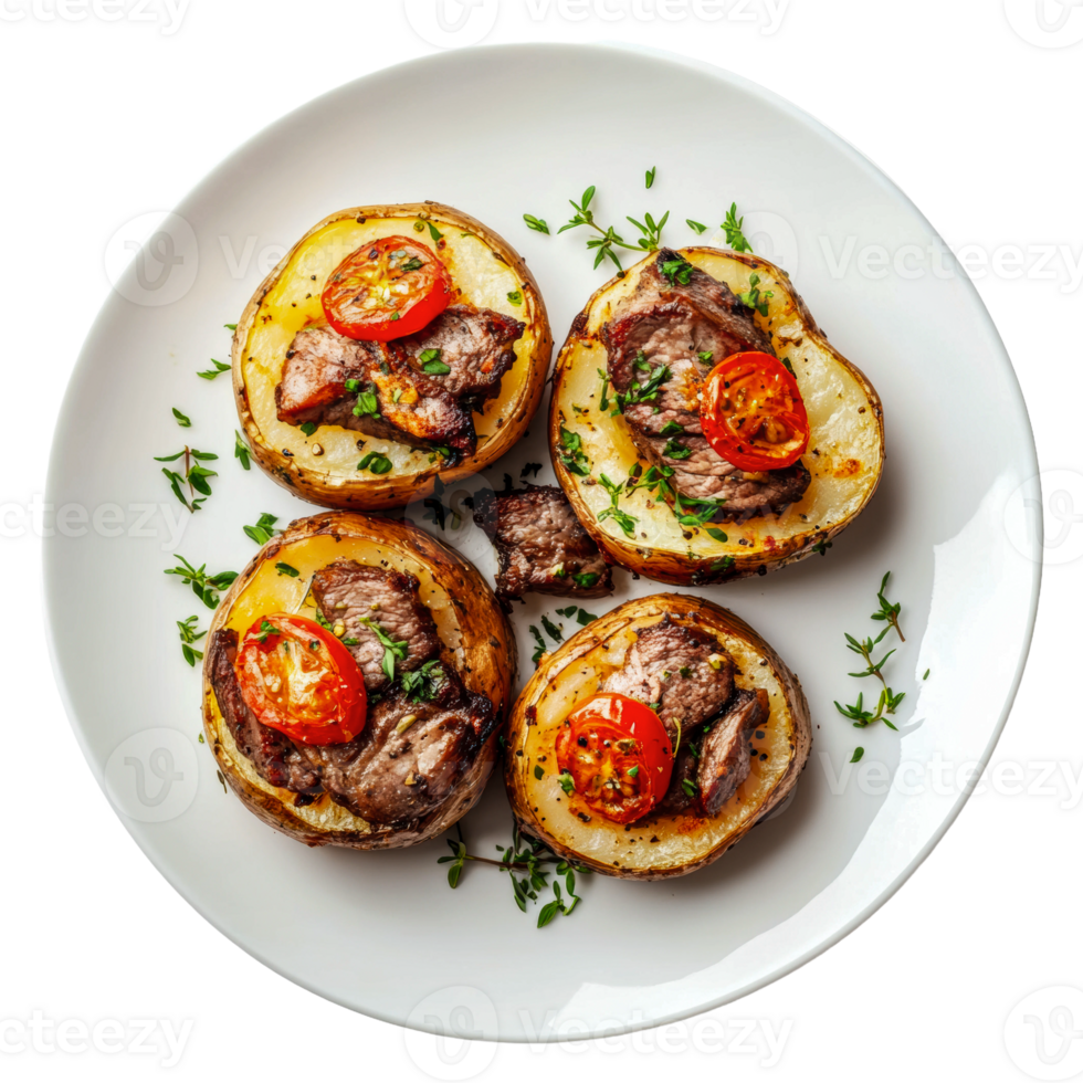 Three stuffed potatoes on a white plate png