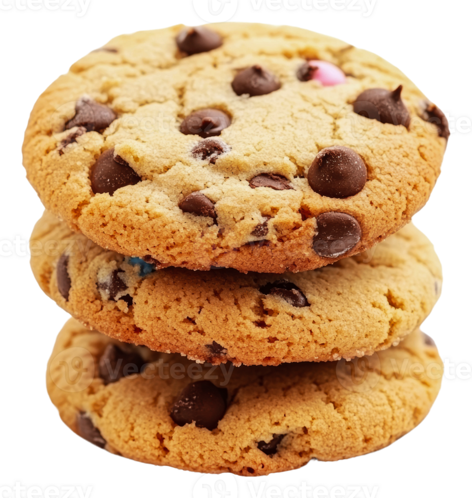 Stacks of baked chocolate chip cookies, cut out - stock . png