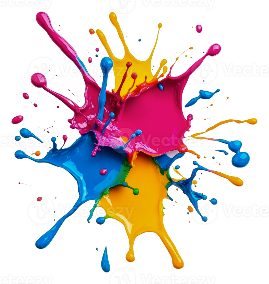 Colorful paint splashes creating vibrant patterns, cut out - stock . png