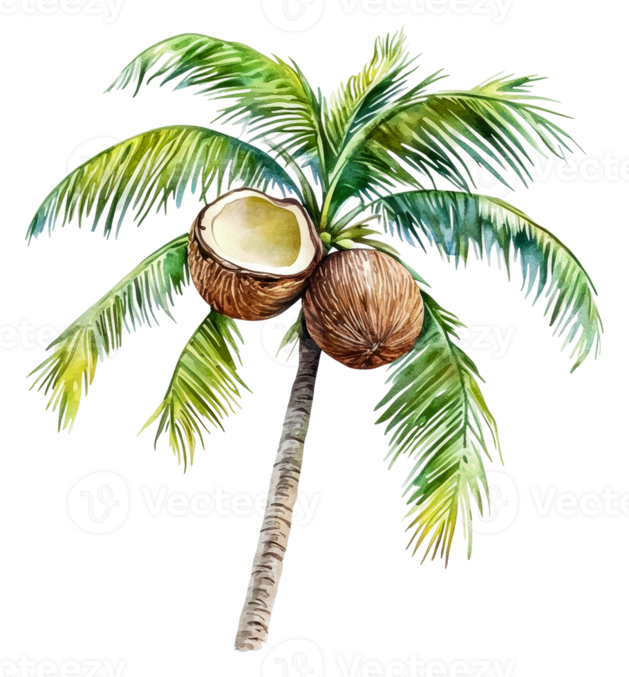 Ripe coconuts on a sunny palm tree, cut out - stock . png
