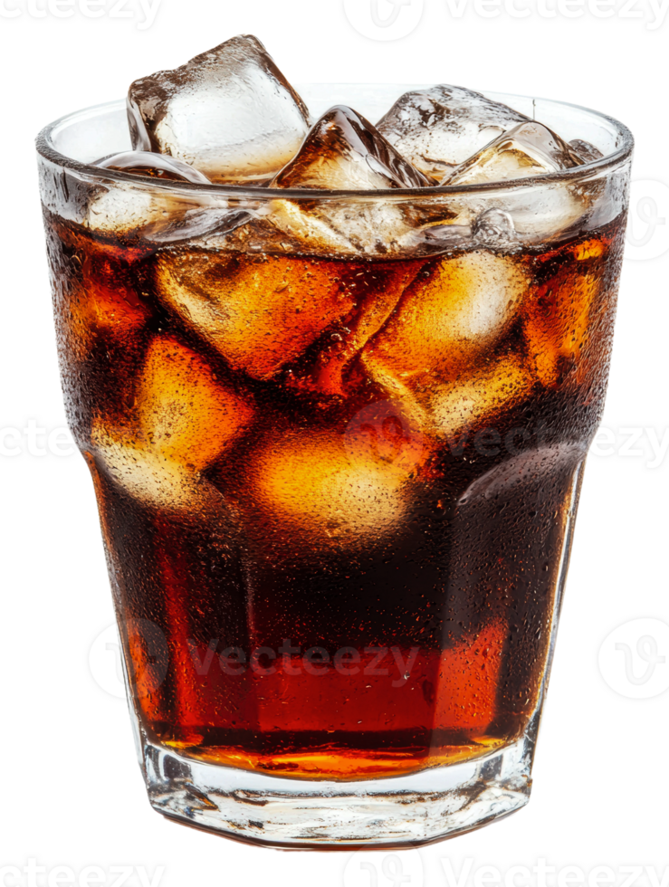 Refreshing glass of dark soda with ice cubes, cut out - stock . png