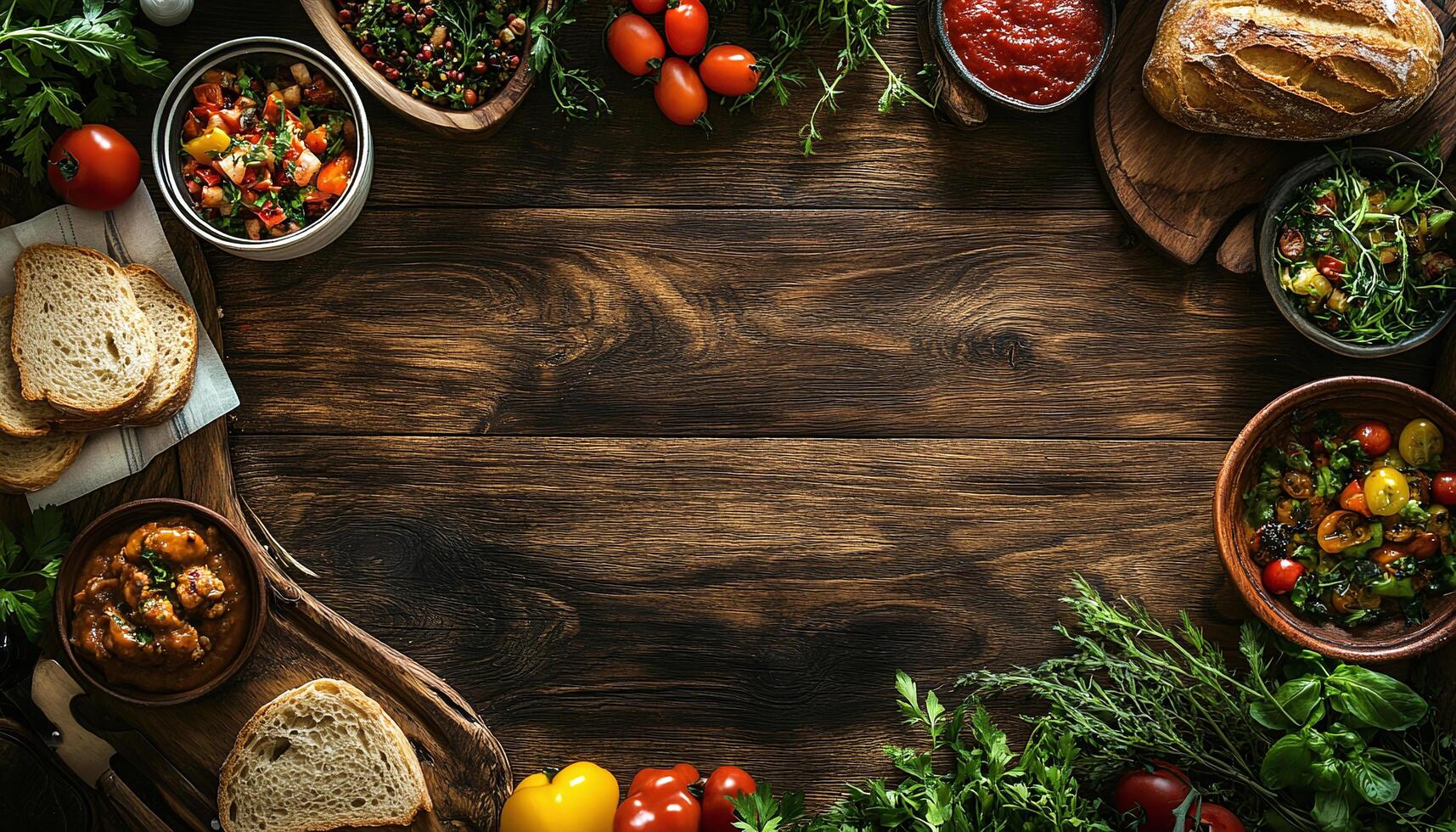 Top View of Vibrant Cultural Dishes on Rustic Wooden Table photo