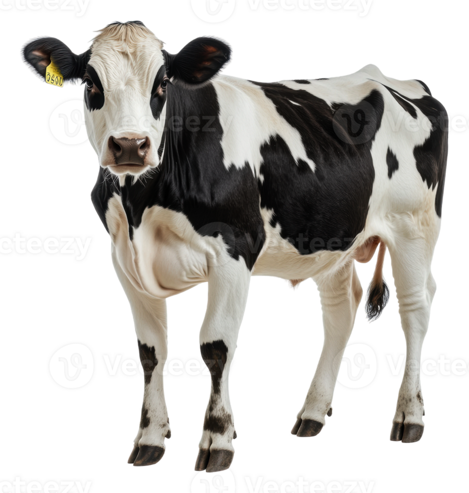 Black and white dairy cow standing in a farmyard, cut out - stock . png