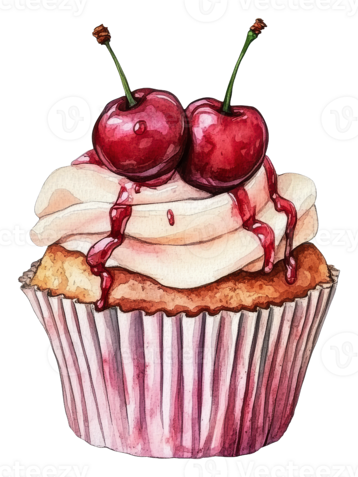 Cherry-topped cupcake with frosting, cut out - stock . png