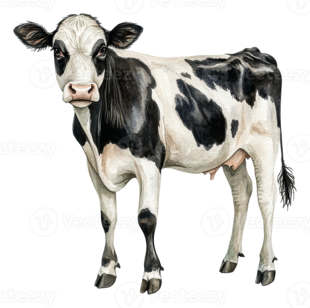 A black and white cow stands gracefully in a field, cut out - stock . png