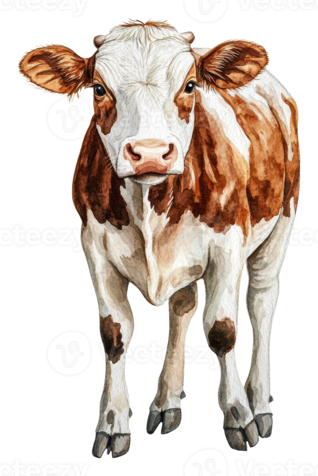 A curious brown and white calf standing still, cut out - stock . png