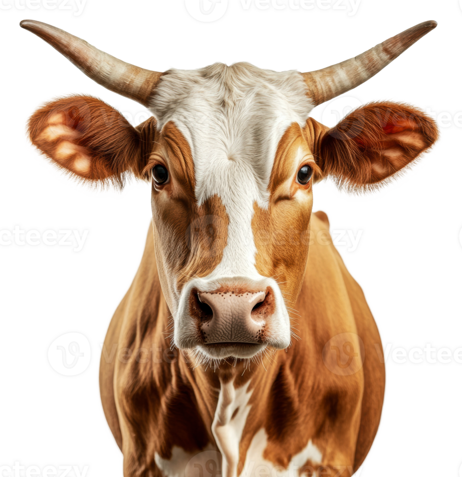 Close-up view of a curious brown and white cow, cut out - stock . png