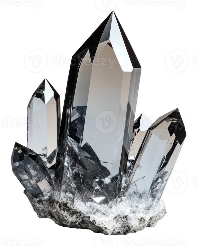 Gleaming quartz crystal cluster on a natural base, cut out - stock . png