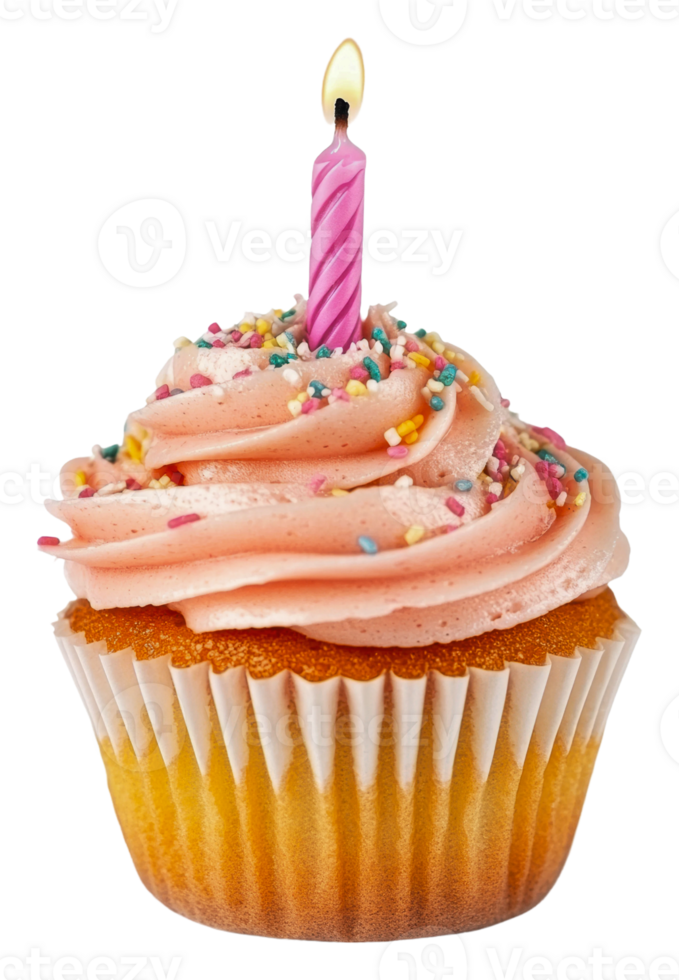 Delicious cupcake with pink frosting and a candle, cut out - stock . png