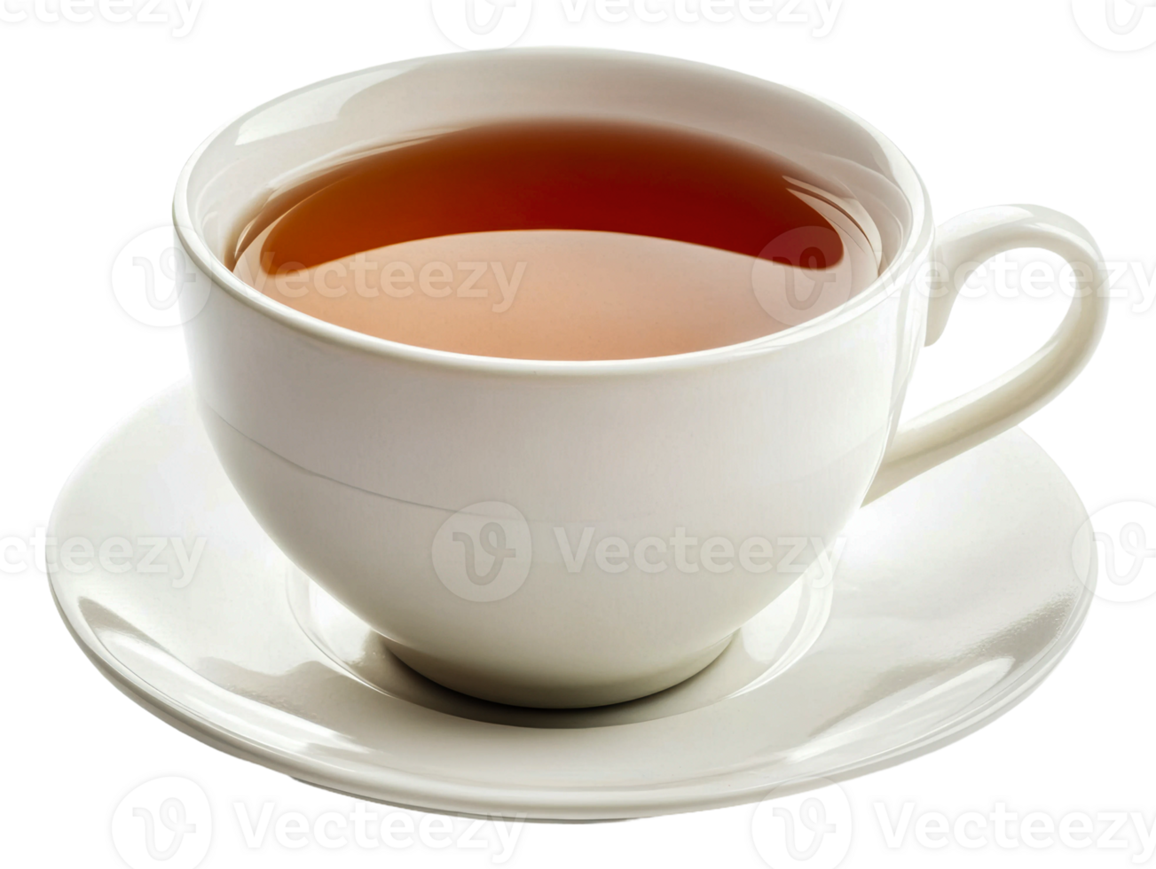 Steaming cup of tea on a white saucer in daylight, cut out - stock . png