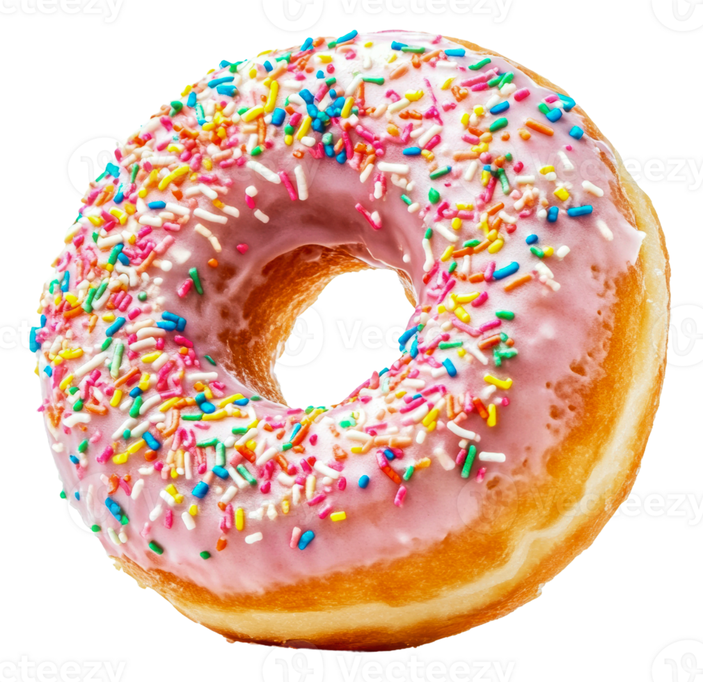 Colorful pink donut with sprinkles close-up view, cut out - stock . png