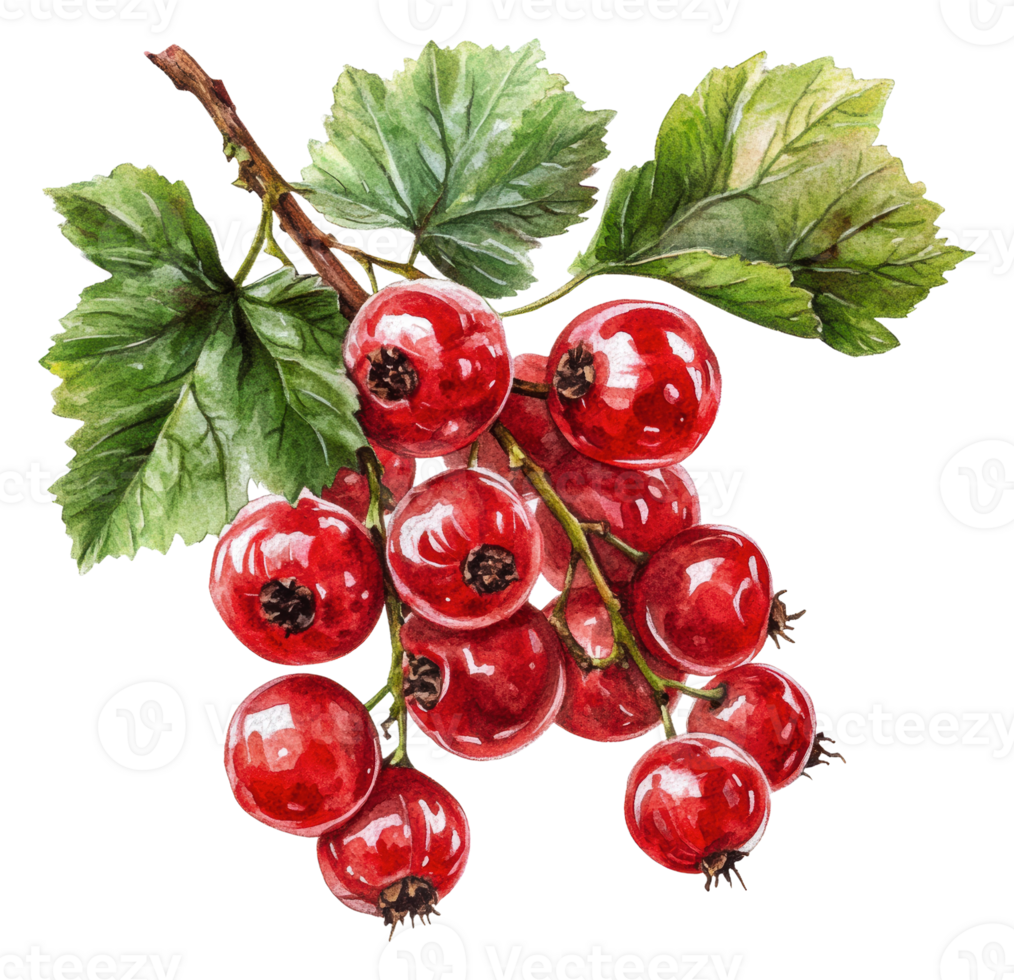 Red currants hanging from a green branch, cut out - stock . png