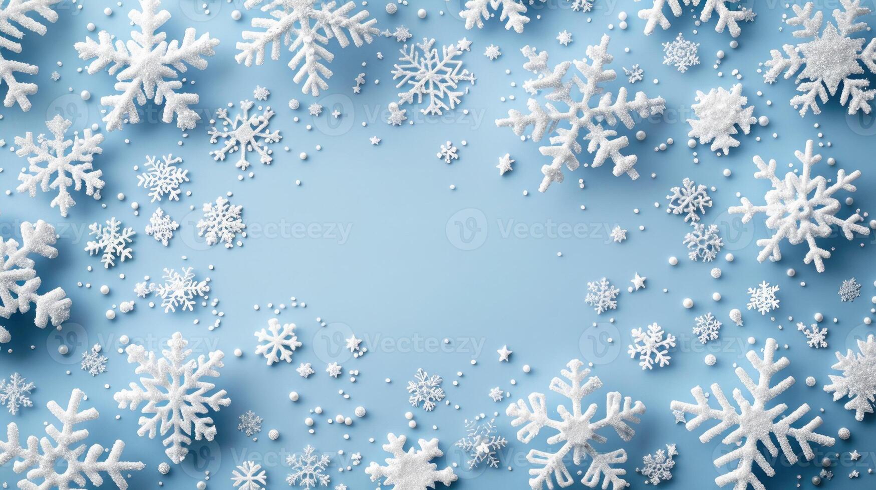 New Year Christmas blue background with white snowflakes and copy space in the center. Frame template for congratulatory text with holidays photo