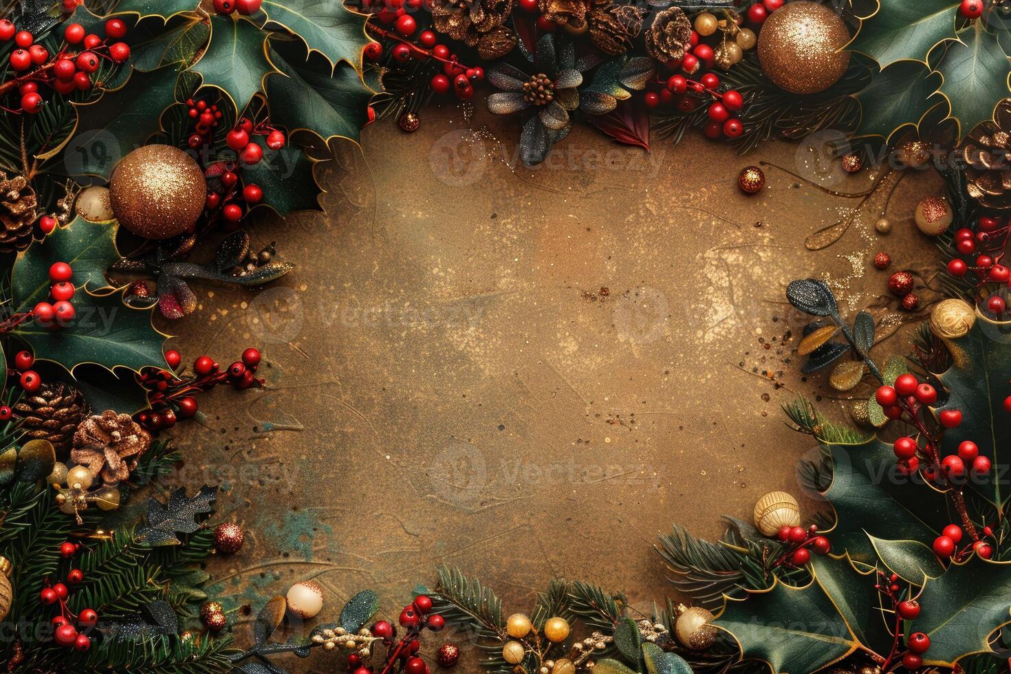 Red, green and gold Christmas frame with holly leaves and berries. Background with border for copy space in the middle for a warm, festive Merry Christmas, Happy New Year or Thanksgiving greeting photo