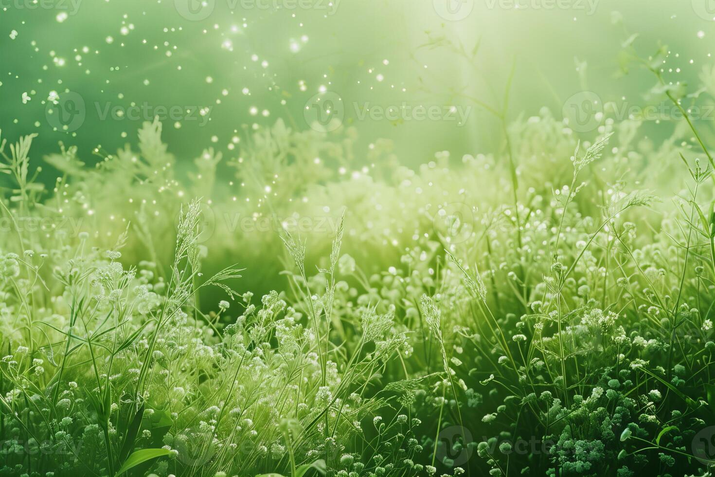 Lush Green Meadow with Dew and Magical Light Effects photo