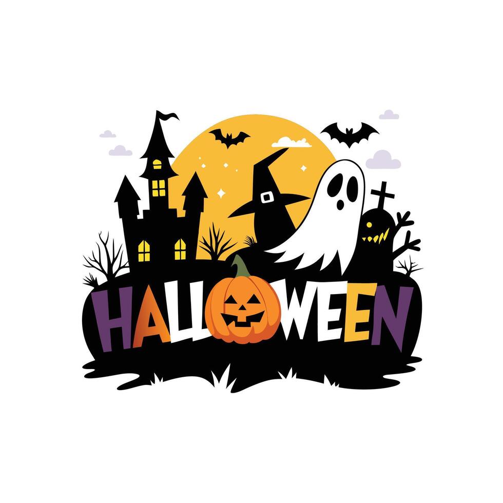 Halloween Night Haunted House and Bat Silhouette with Pumpkin Symbol vector