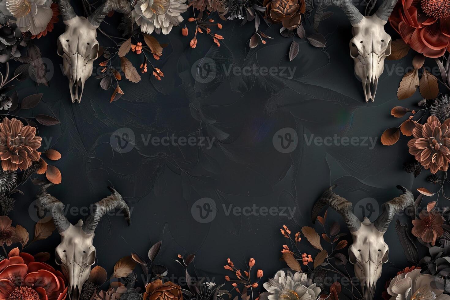 white deer skulls with horn surrounded by flowers top view with copy space on black background photo